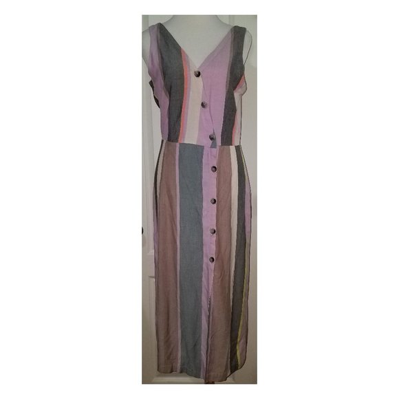 Patrons of Peace Mocha Multicolor Striped Buttons Front Dress Medium Small NEW - Picture 1 of 11